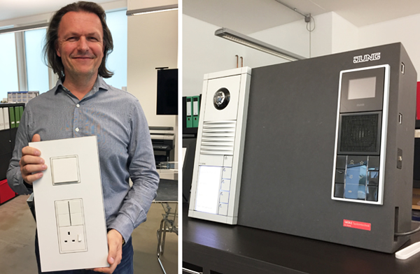 (Left) Examples of the Jung LS Zero range, and (right) a Siedle door communication system working with a Jung internal in-wall video display and controller. 