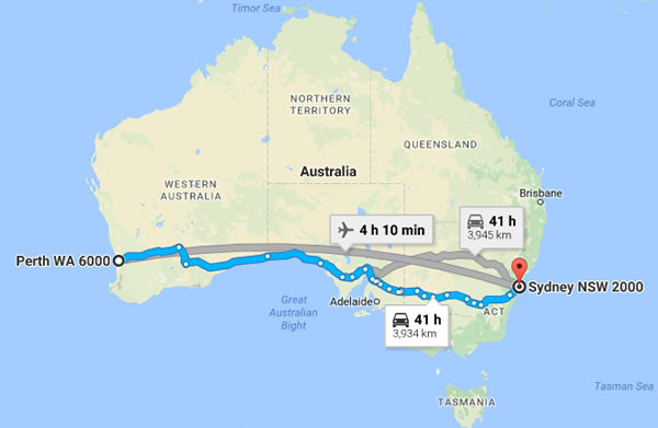 Suggested routes to travel between Sydney and Perth.