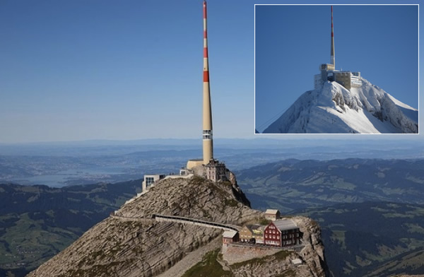 The weather station and restaurant at the top of the Säntis mountain in Switzerland, in fine weather conditions, and (inset) after a snow blizzard.