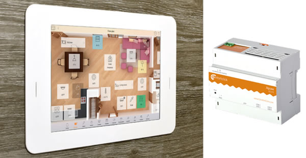 (Left) the Comfort Click bOS displayed on a tablet, and (right) the Comfort Click Jigsaw KNX controller.