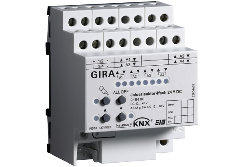 The Gira 2154 00 is an example of a 4-channel 24VDC blind actuator.