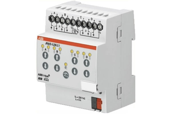 The ABB KNX Blind/Roller Shutter Actuator with manual operation controls two independent groups, each with two blind/roller shutter drives or ventilation flaps, and has mechanically-interlocked outputs.