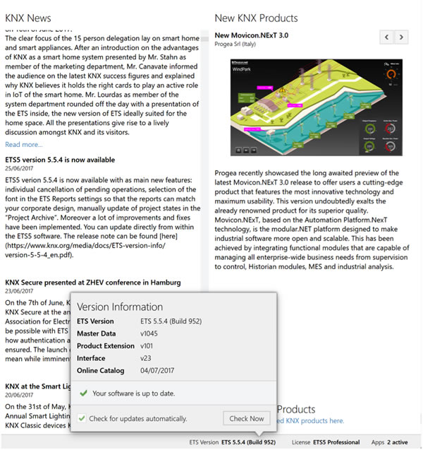 The version of ETS can be checked from the main screen and updated.