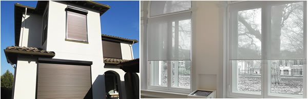 (Left) European external shutters, and (right) sheer or privacy blinds.