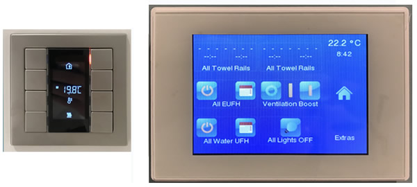 Examples of the Jung F50 switch (left) and the Zennio Z41 Pro touchscreen (right) that we specified.