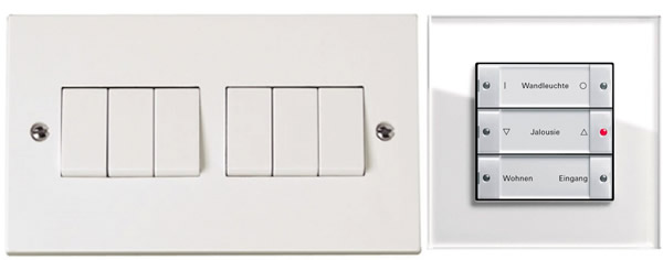 (Left) a traditional six-gang switch and (right) a KNX alternative (other languages are available).