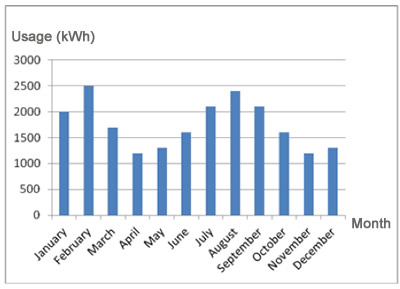 Graph of customer's monthly electricity usage in kWh.