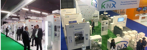(Left) the main KNX stand in Hall 9, and (right) the additional KNX stand in Hall 1 before show opening.