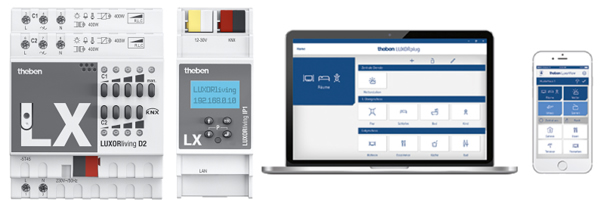 Some of the components from the Theben LUXORliving range including (from left to right) dimming actuator, control centre with LAN connection, LUXORplug for setting up the system, and LUXORplay for operating the system.