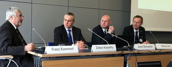 The panel at the KNX press conference (L to R), KNX President Franz Kammerl, Zoltan Karpathy of BSRIA, KNX CFO & CTO Joost Demarest, and KNX CEO Heinz Lux.