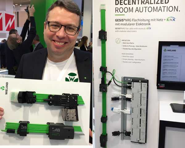 (Left) Wieland's Ronny Gasser with the Wieland Gesis NRG flat cable sporting insulating-penetrating screw connections, and (right) the flat cable connected to the basic module and four smart modules.