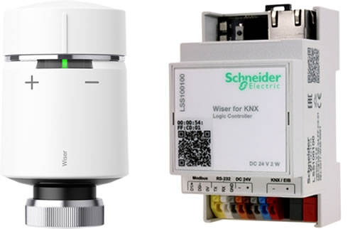 Schneider Electric Wiser Radiator Thermostat (left) and Wiser KNX Logic Controller (right).