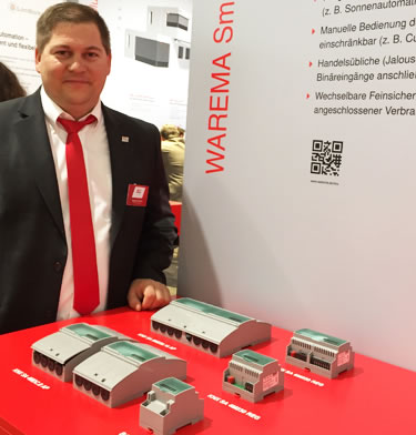 Warema's Sebastian Michler presenting the KNX SA 2M, 4M, 6M and 8M surface-mounted remotely-programmable actuators for shading control.