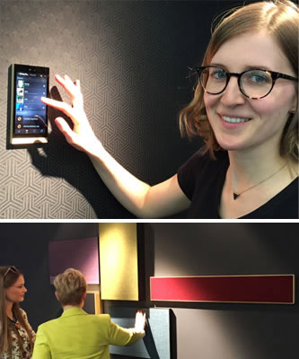 (Top) Basalte's Fien Ackerman demonstrating Basalte Home on the Ellie touchpanel, and (bottom) the new Basalte Aalto customisable speaker range including sound bar.