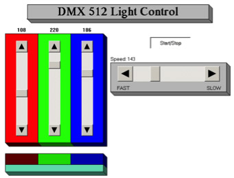 A typical DMX on-screen software lighting controller for colour, speed and time.