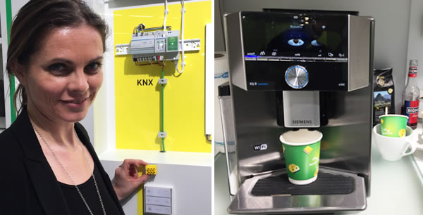 (Left) DigitalSTROM's Katrin Witt holding the gateway that connects KNX to the powerline platform, and allows it to control consumer electronics such as (right) a Siemens coffee machine.