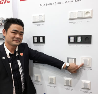 GVS Overseas Sales Manager, Jack Zhan, demonstrating the new GVS 55mm KNX pushbutton range.