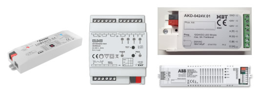 Examples of KNX RGB drivers from Zennio, Jung, MDT and ABB.