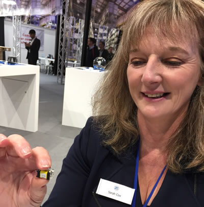 ZF's Sarah Cox showing the energy-harvesting KNX module.