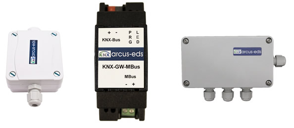 (L to R) The Arcus KNX Gateway M-Bus for counters that have an M-Bus interface; the KNX-GW-MBUS-SK01 M-Bus gateway for up to 3 M-Bus devices; and the KNX-GW-MBUS-SK08 M-Bus gateway for up to 3 M-Bus devices, each with its own screw-type terminal.
