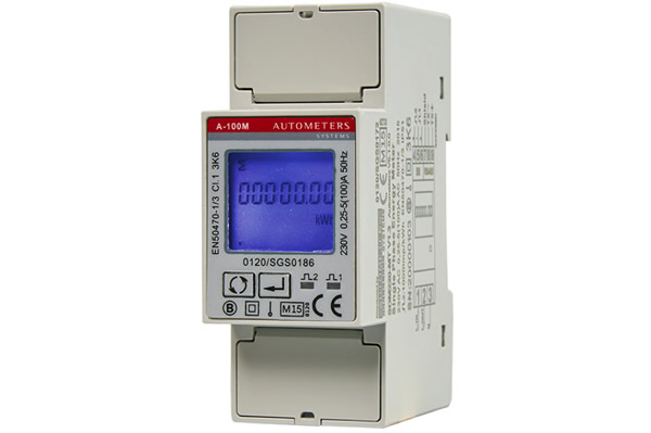 The Autometers Systems A100 single-phase multifunction DIN Rail energy meter has RS485 ModBus communication output and a pulse output of 1000imp/kWh.
