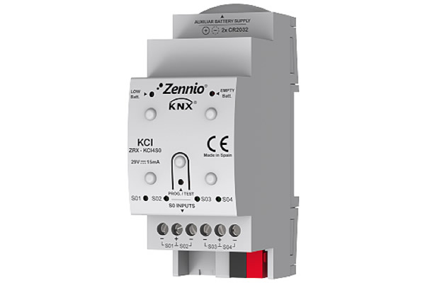 The Zennio KCI 4 S0 KNX interface for four consumption meters with S0-pulse outputs to monitor their electricity (energy and power), water and/or gas (volume and flow rate) consumption, features a removable battery that allows buffering of S0 pulses during a power failure and recovers the real consumption afterwards.
