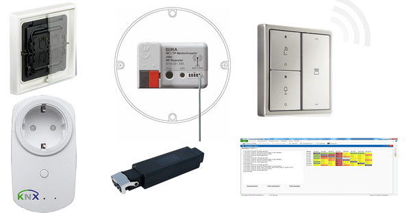 Just some of the KNX RF products that are now available. From L to R (top) the ZF Friedrichshafen AG self-powered KNX RF light switch, the Gira KNX RF/TP media coupler, the Jung KNX RF F40 wall transmitter; (bottom) the MDT RF+ radio socket/switching actuator, the Elsner KNX RF-MSG-ST motor control unit, and the Tapko Technologies KNX RF Field Strength Analyser.