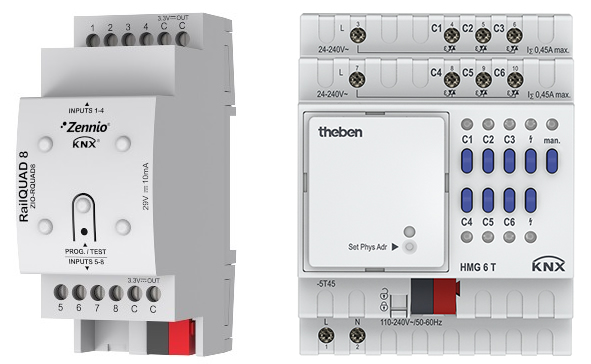 (Left) the Zennio RailQUAD 8 input module and (right) the Theben HMG 6 T KNX 6-way heating actuator.