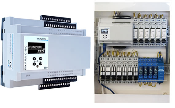 (Right) Weinzierl KNX IP Multi IO 580, (left) integrated into an installation.