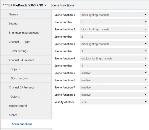 Scene table in ETS, for the Theben theRonda S360 KNX flat detector.