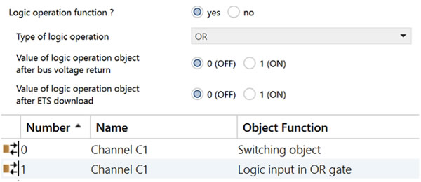 Most KNX actuators allow the output to have an additional logic function, but the inputs are limited to the switching object and an additional logic input.