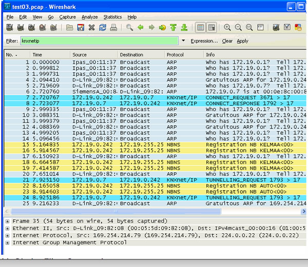 The KNX/IP Dissector plug-in for Wireshark allows KNXnet/IP packages to be dissected. Filters can be used so that only KNXnet/IP data is displayed.