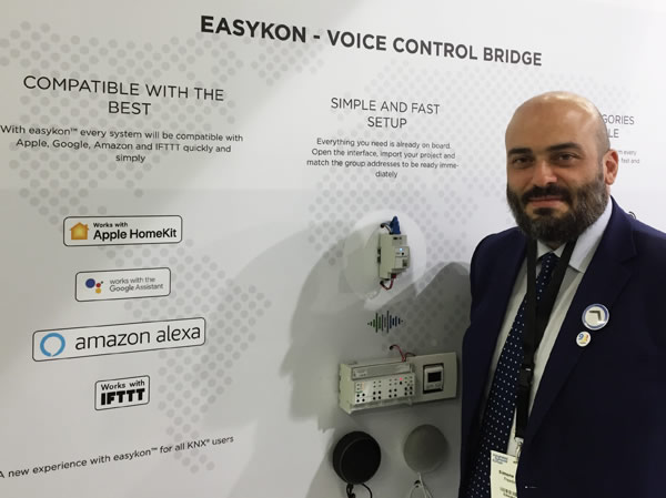 Freedompro General manager Simone Cartisano demonstrating the Easykon voice-control-to-KNX bridge.