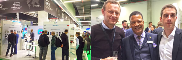 (Right) The KNX Association stand was busy throughout the show, and played host to a party (left) celebrating KNX Association's role as ISE Presenting Show Partner, with keynote speeches by (L-to-R) KNX Association CEO, Heinz Lux, and Integrated Systems Events Managing Director, Mike Blackman, and who were joined by KNX Association Marketing Manager, Casto Canavate.