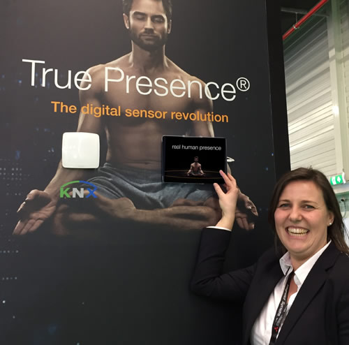 Steinel's Export Manager, Sharon Neugebauer, pointing out the benefits of the True Presence Multisensor KNX.