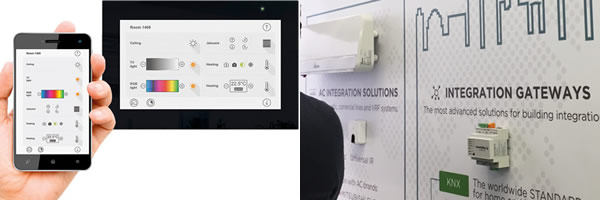 (Left) The tci ambiento touchpanel and mobile app, and (right) an Intesis IntesisBox HVAC gateway and AC IR monitor.