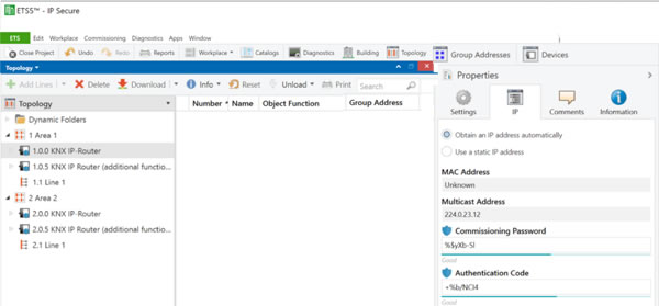 IP setting for IP router including commissioning and authentication passwords.