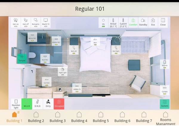 Example of a Room View screenshot. The actual room's floor plans were used as backgrounds to enable intuitive control. 