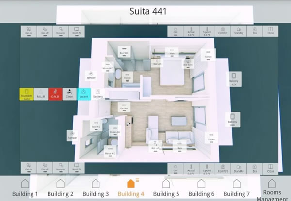 Another example of the Room View. The navigation menu positioned on the bottom of the panel provides quick access to the different areas of the resort.