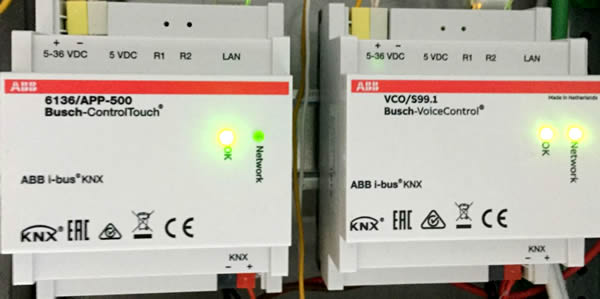 The ABB Busch control touch 6136/app-500 alongside the ABB Busch voice control VCO/S99.1.