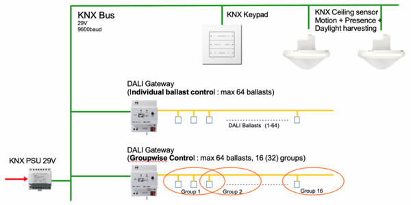 Example of multiple DALI universes on a KNX backbone, with sensors and other input devices on the KNX bus.