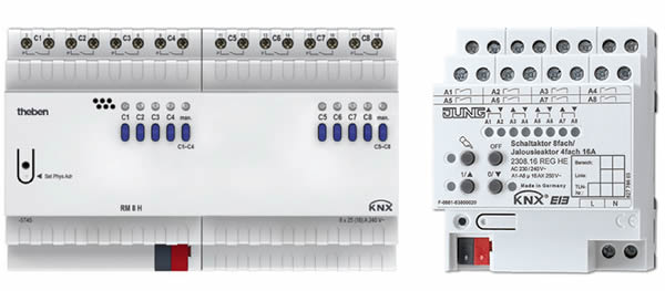 The Theben RM 8 H KNX actuator (left) and Jung 2308 actuator (right) support 25A and 16A respectively.