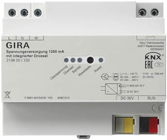 The Gira 1280mA KNX Power Supply is an example of a power supply that takes advantage of the new TP1-256 topology. Implementation