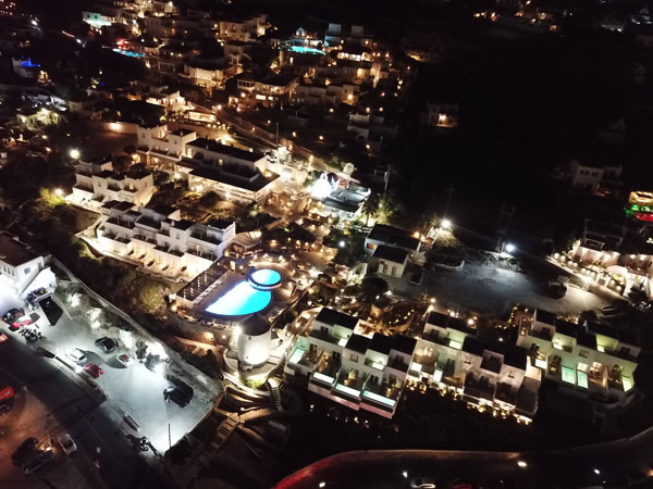 Aerial view of Porto Mykonos hotel, on the island of Mykonos.