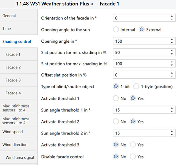 Façade settings for sun shading on the Gira Weather Station 2074 00.