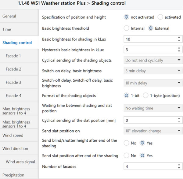 Main settings for sun shading on the Gira Weather Station 2074 00.